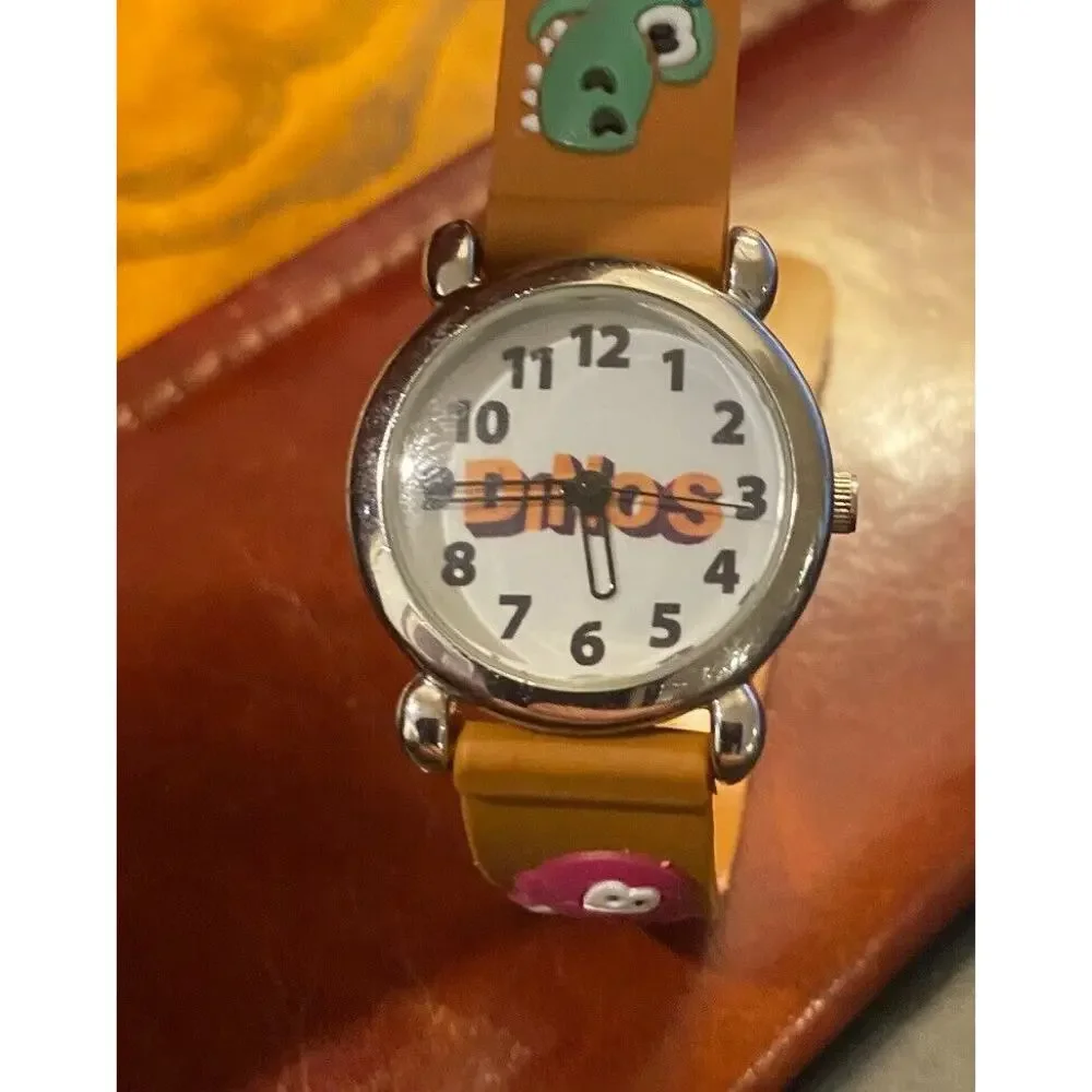 Boy's 27mm Silver Tone Dinos Watch, Resin Dinosaur Band
